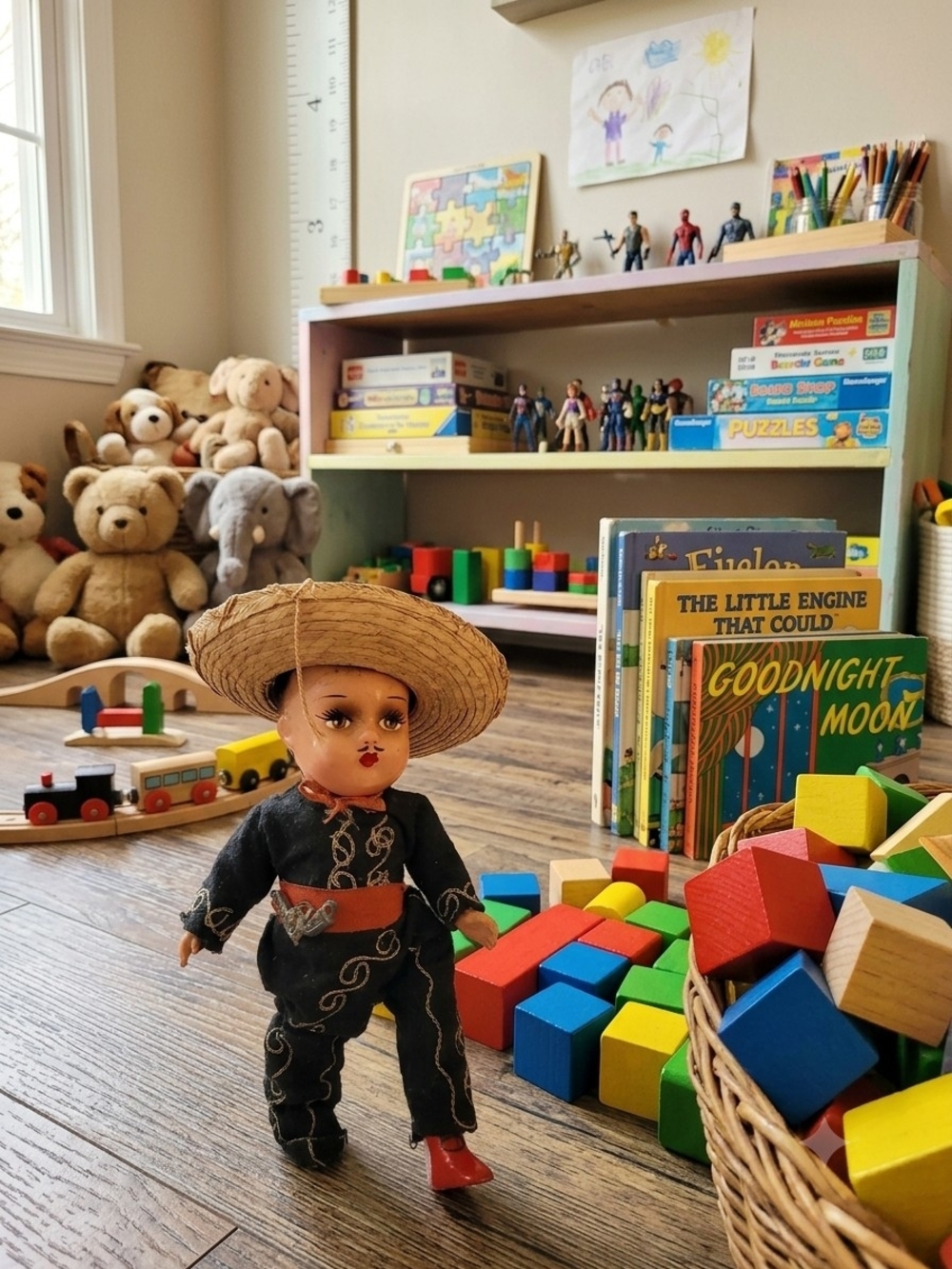 Classic Children's Doll in Black Outfit with Straw Hat and Red Shoes